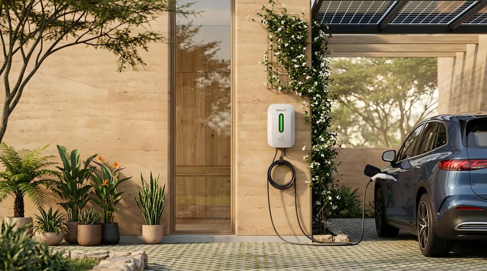 Coche eléctrico cargando con un wallbox junto a una vivienda, bajo una pérgola con placas solares